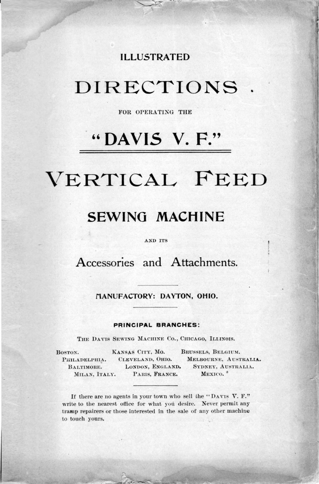 DAVIS Vertical Feed Sewing Machine Instruction Manual BIND – FRONT & BACK