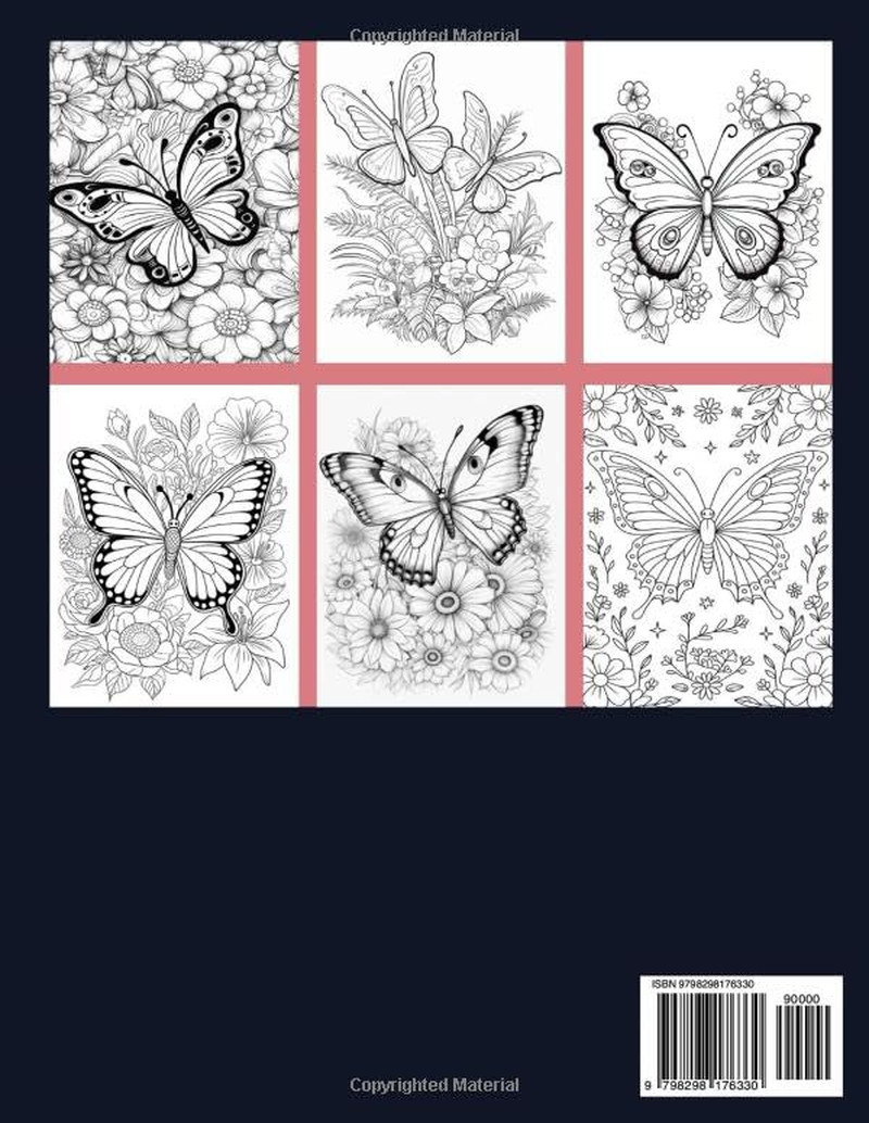 100 Page Butterfly Coloring Book For Adults: 50 Beautiful & Easy Large Print But