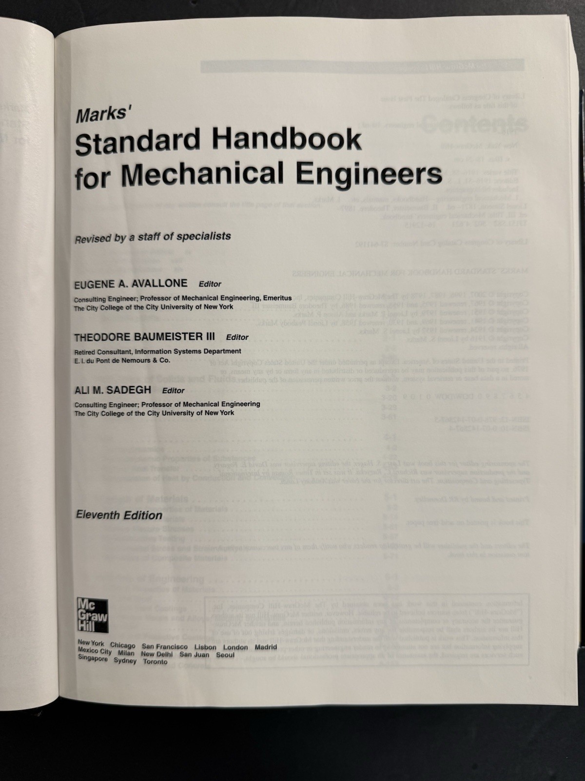 MARKS’ STANDARD HANDBOOK FOR MECHANICAL ENGINEERS 11th/Anniv Ed (2007, HC) VG