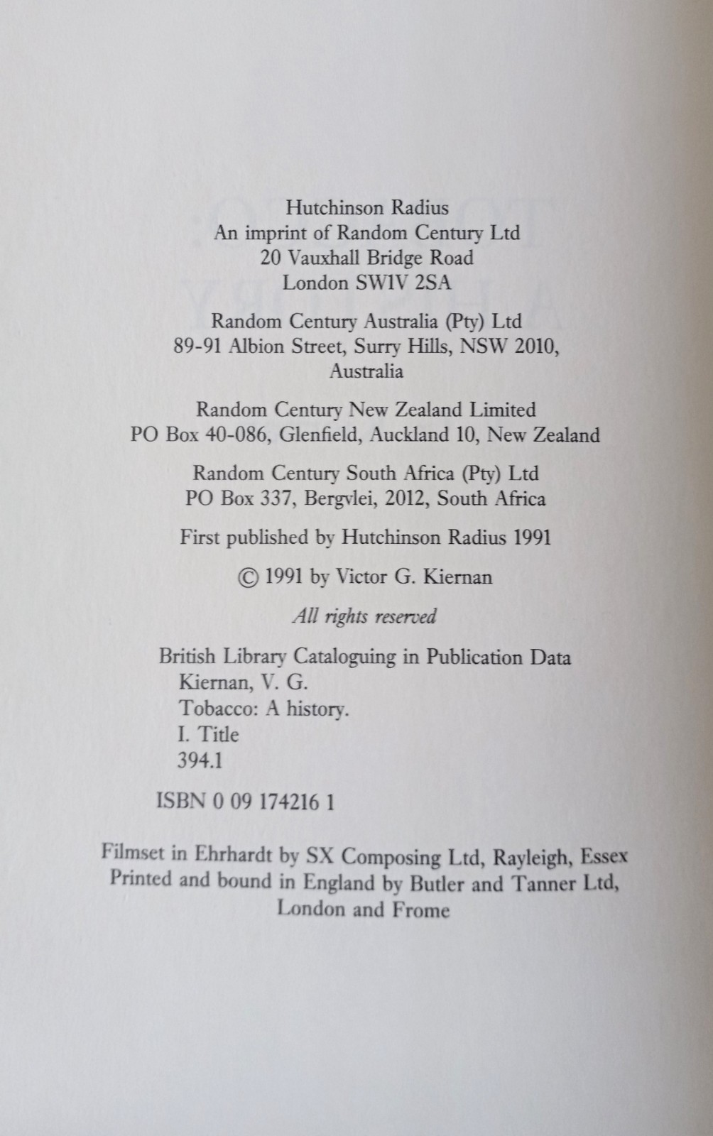TABACCO, A History By Kiernan ~ Hardcover, 1991