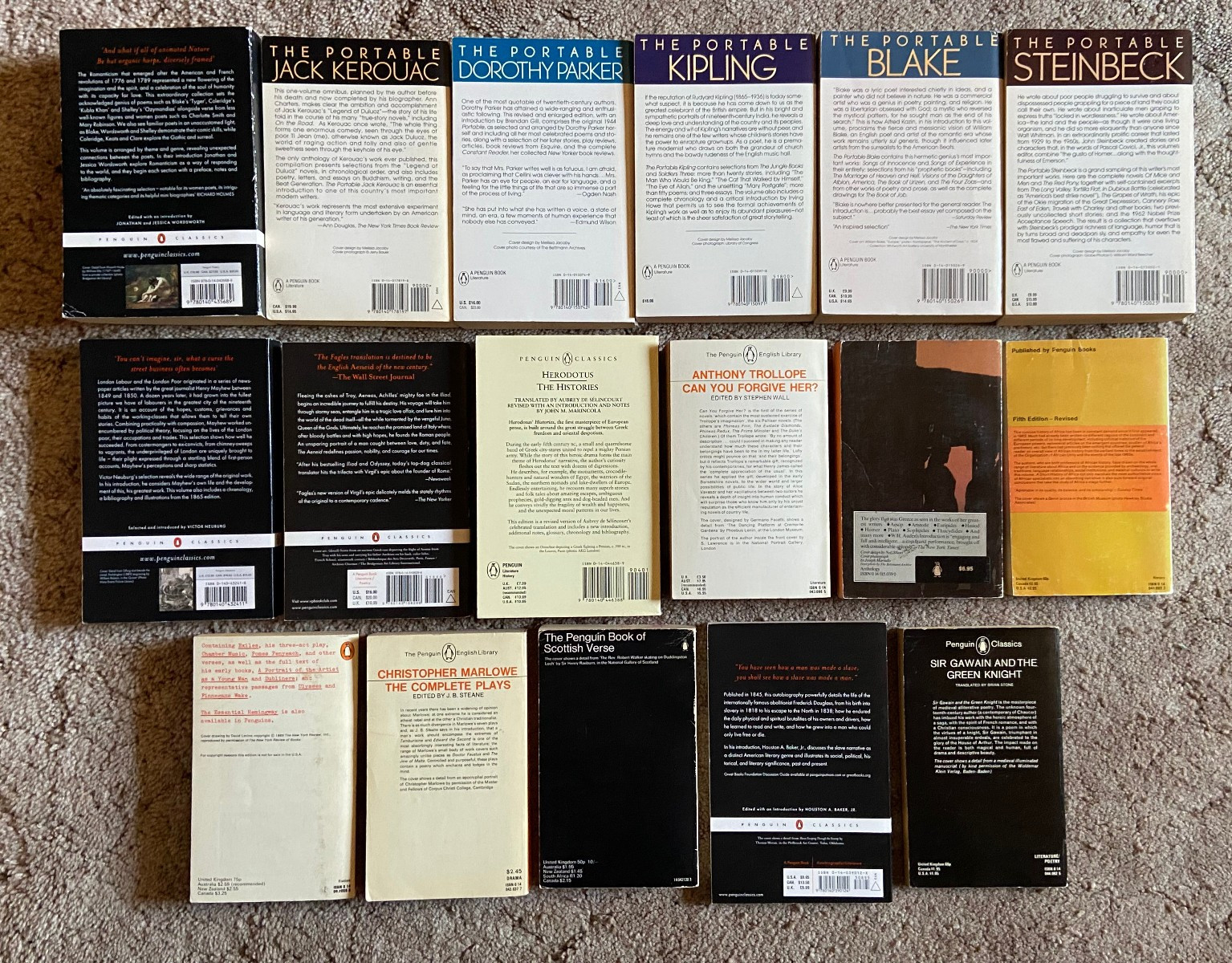Mixed Lot 17 Penguin Paperback Books: STEINBECK JOYCE KEROUAC BLAKE VIRGIL +++