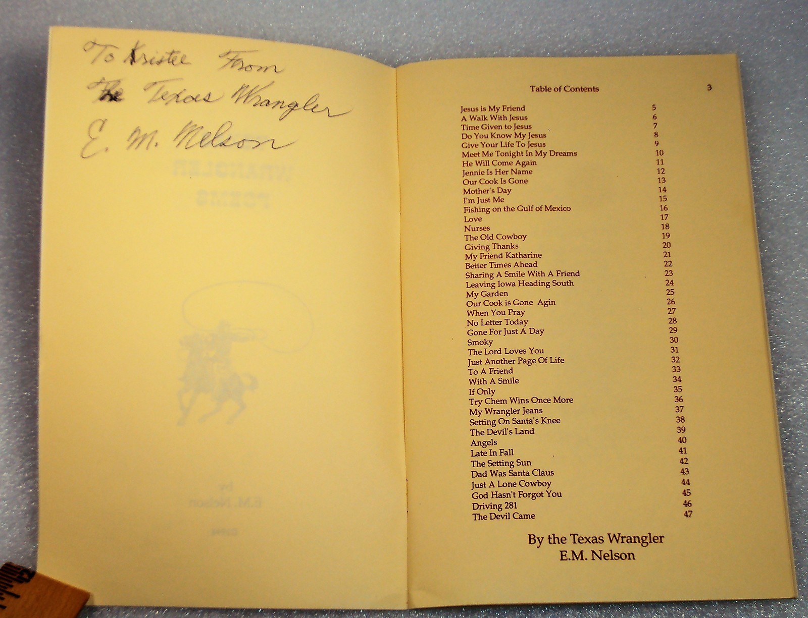 TEXAS WRANGLER POEMS Signed by E.M. Nelson Cowboy Poetry 1994 47 pages softcover