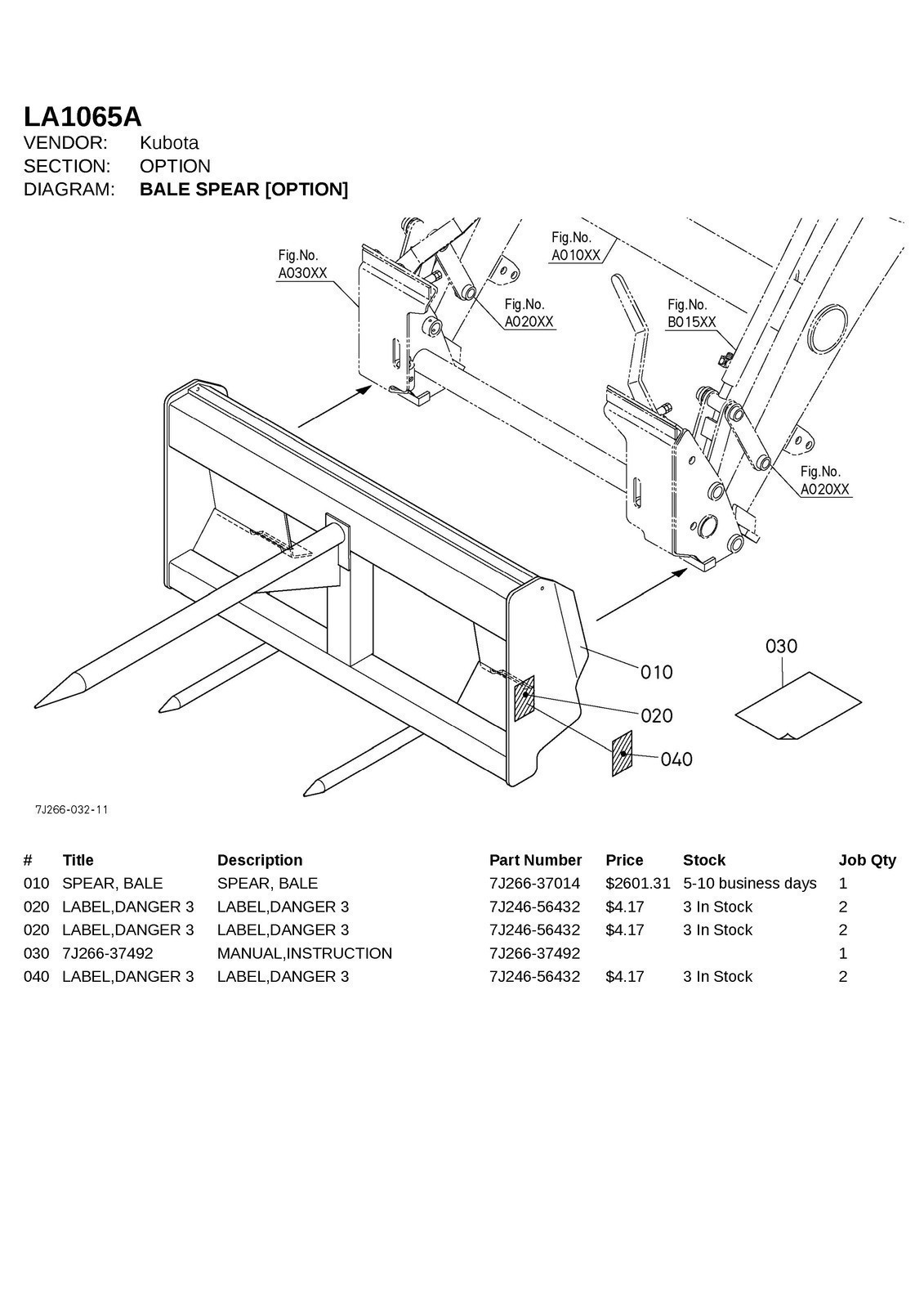KUBOTA LA1065A FRONT LOADER ILLUSTRATED PARTS LIST MANUAL – WIRE BIND – COVERED